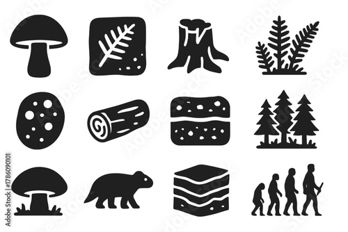 Ancient Fungi Icons. Solid style icons of Ancient fungi: giant fungus, fossil imprint, petrified wood, prehistoric fern, spore