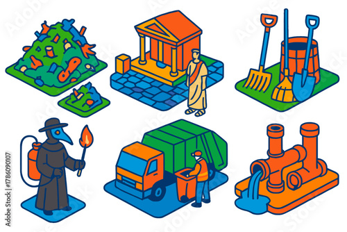 Evolution of Waste Management. Isometric vector illustration set History of waste management: city waste heaps, Roman streets,