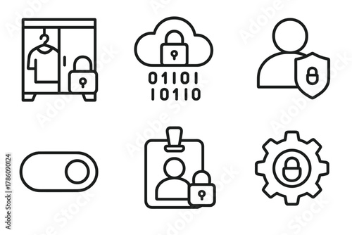 Fashion Data Security. Line style icons of fashion data protection and access: lock on avatar wardrobe, encryption cloud over