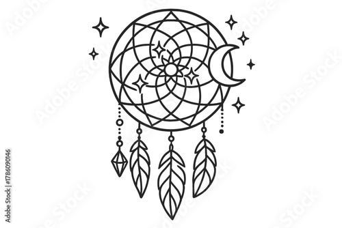 Enchanted Dreamcatcher Icons. Line style icons of Enchanted Dreamcatcher: Web, Stars, Feathers, Beads, Crystal, Moonlight, Sparkle