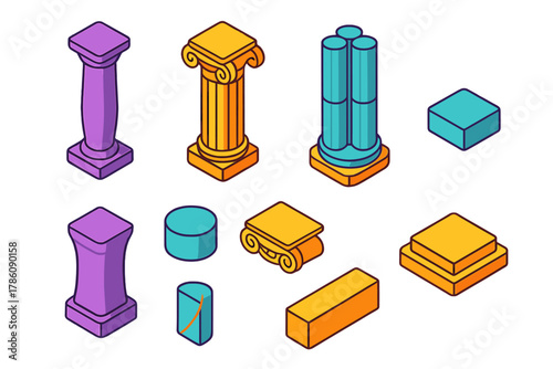 Vibrant Column Illustrations. Isometric vector illustration set Columns – monolithic column, fluted column, clustered column; base