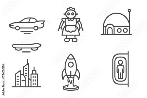 Atomic Sci-Fi Icons. Line style icons of Atomic Sci-Fi: Flying Car, Robot Maid, Jetpack, Domed House, Hoverboard, Futuristic City,