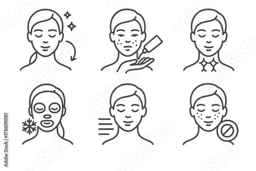 Cryotherapy Skincare Icons. Line style icons of cryotherapy and skincare: anti-aging skin icon, acne treatment, collagen booster,