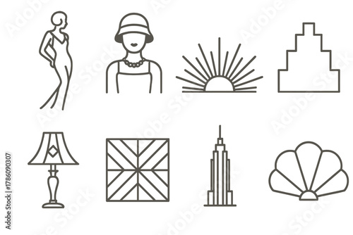 Glamorous Deco Icons. Line style icons of Glamorous Deco: Sleek Figure, Jazz Age, Sunburst Motif, Ziggurat Design, Elegant Lamp,
