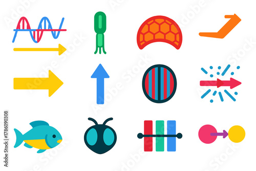 Animal Polarization Icons. Flat vector icons of polarization sensitivity in animals: polarized light wave, photoreceptor, compound
