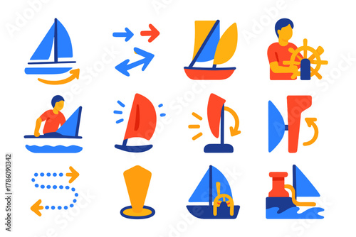 Sailing Maneuver Icons. Flat vector icons of tacking maneuvers: sailboat changing direction, wind shift arrows, sail crossing boom
