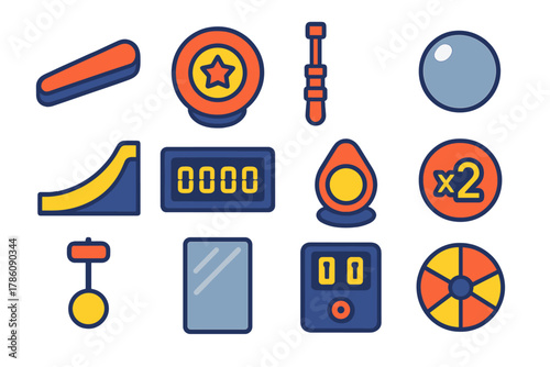 Pinball Machine Icons. Flat vector icons of Pinball Machines: pinball flipper, bumper, plunger, steel ball, ramp, scoreboard,