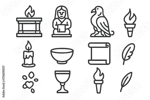 Hidden Altar Icons. Line style icons of Hidden Altars: Ancient Altar, Carved Statue, Legendary Myth, Devotional Items; Candle,