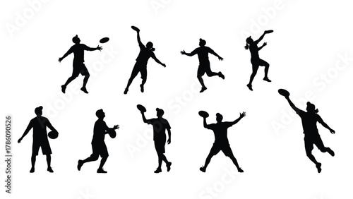 Ultimate frisbee players silhouettes collection isolated on white background, Vector