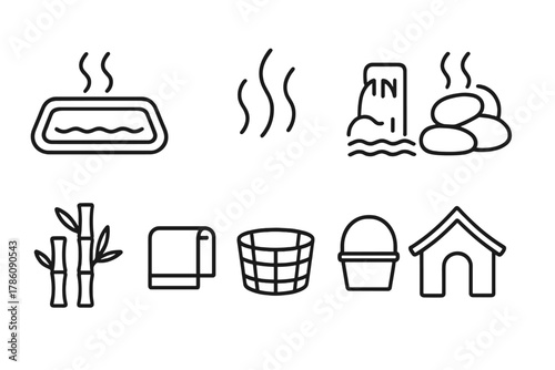 Hot Springs Icons. Line style icons of Hot Springs: Pool, Steam, Rock, Waterfall, Bamboo, Towel, Wooden Bucket, Spa House, No text