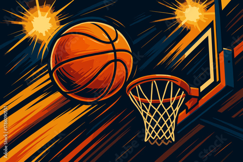 Slam Dunk Action. Dynamic action shot of a basketball flying toward vector illustration the hoop under bright arena lighting, bold