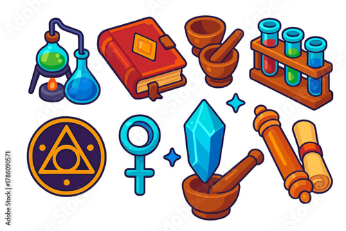 Classic Alchemist's Lab. Isometric vector illustration set Classic literature – alchemist’s lab, crucible, alembic; ancient tome,