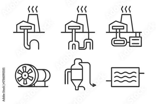 Geothermal Plant Icons. Line style icons of geothermal power plants: dry steam plant, flash steam plant, binary cycle plant,