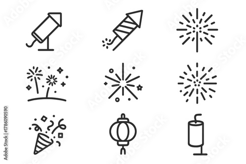 Fireworks Line Icons. Line style icons of Fireworks Display: Launch Tube, Firework Rocket, Sparkler, Night Sky, Star Burst, Burst