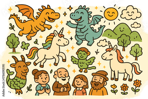 Mythical Celebration. Cheerful doodle mythological creatures with happy dragons, unicorns, and hybrid animals, cartoon villagers
