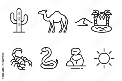 Desert Line Icons. Line style icons of Desert: Cactus, Camel, Sand Dune, Oasis, Scorpion, Snake, Desert Rock, Sun, No text, No