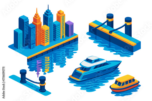 Urban Skyline Reflections. Isometric vector illustration set Skyscraper silhouettes – waterfront skyline, quay wall, docked yacht;