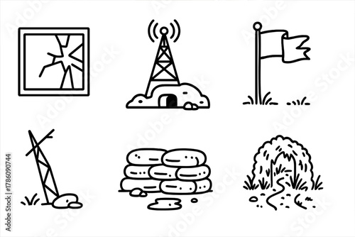 Forgotten Outpost Icons. Line style icons of Forgotten Outpost: Cracked Window, Radio Tower, Old Bunker, Windswept Flag, Broken