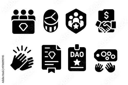 Tokenized Community Icons. Solid style icons of crowd-sourced performance ownership: group mint panel, fractional token slab,