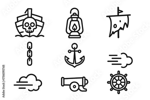 Cursed Ship Symbols. Line style icons of Cursed Ship: Skull Emblem, Lantern, Tattered Sail, Chains, Anchor, Fog, Cannon, Captain’s