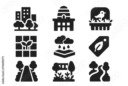 Urban Ecosystem Icons. Solid style icons of urban ecosystems: city block with trees icon, rooftop hive dome, bird habitat balcony.