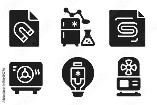 Magnetic Cooling Innovations. Solid style icons of magnetic cooling innovation: patent document with magnet, R&D concept fridge,