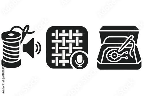 DIY Sonic Fabric Icons. Solid style icons of DIY sonic fabric kits: thread and speaker set, maker audio patch, DIY tone cloth