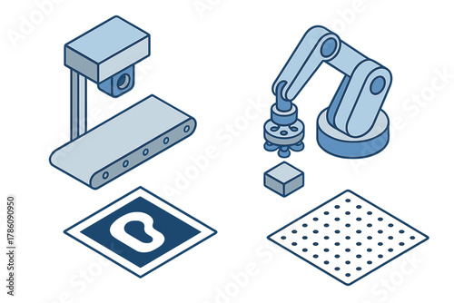 Robotic Assembly Station. Isometric vector illustration set Robotics and AI – Vision-guided pick-and-place robot: camera mount,