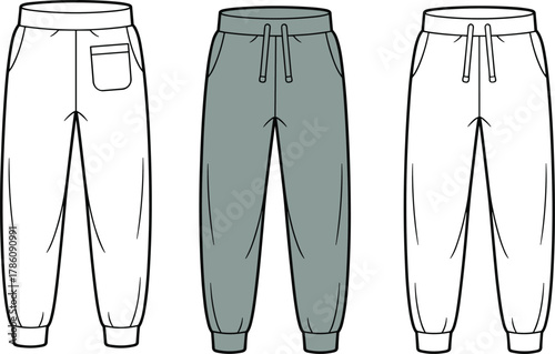 Jogger pants illustration, drawstring waist, elastic cuffs, pocket variations, casual fashion design, men's and women's apparel, isolated vector display