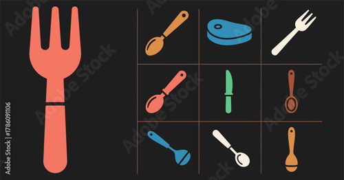 Diverse spoon set icons featuring multiple color variations and a striking black background for versatile design applications