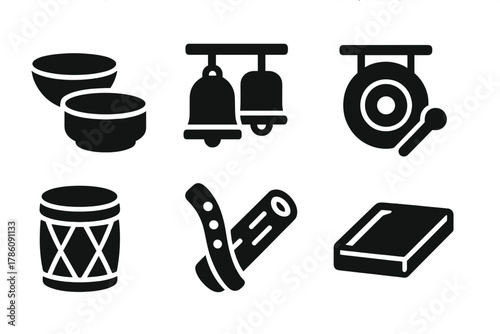 Acoustic Resonance Icons. Solid style icons of acoustic resonance materials: clay bowls, bronze bells, wood chambers. Stone gongs,