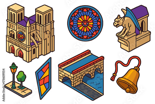 Notre-Dame Isometric Icons. Isometric vector illustration set Historical monuments – Notre-Dame Cathedral façade, rose window,