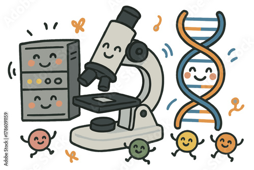 Joyful Biology Workshop. Friendly doodle computational biology workshop with happy microscopes, cartoon servers buzzing cheerfully