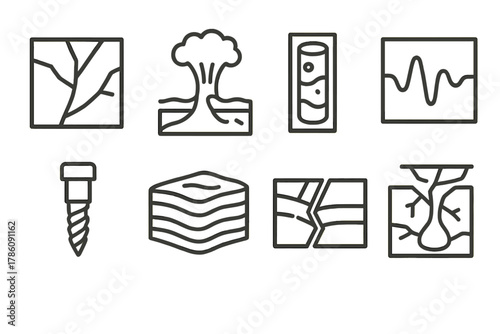 Deep Earth Icons. Line style icons of Deep Earth: Mineral Vein, Mantle Plume, Core Sample, Seismic Wave, Drill Bit, Rock Strata,