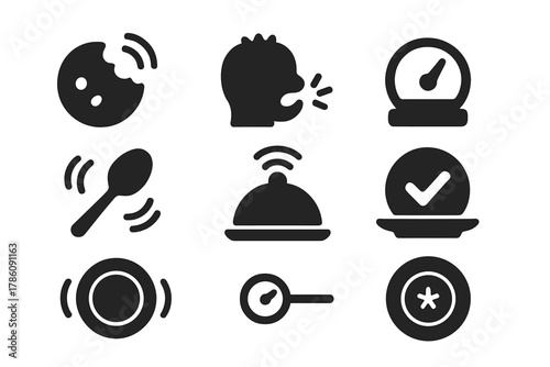 Edible Feedback Icons. Solid style icons of edible feedback reactions: bite + signal icon, chew response glow, pressure readout