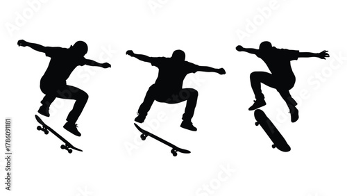 Skateboarder silhouettes performing tricks isolated on white background, Vector