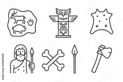 Prehistoric Icon Set. Line style icons of Prehistoric Ritual: Cave Painting, Totem, Fire Pit, Animal Skin, Hunter, Bones, Spear,