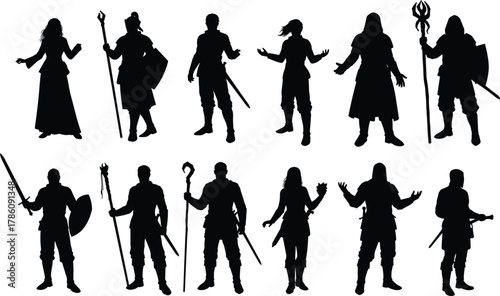 Fantasy character silhouettes, warrior mage rogue, RPG design, battle stances, magical weapons, role‑playing art, medieval illustration, adventure template, dark outline