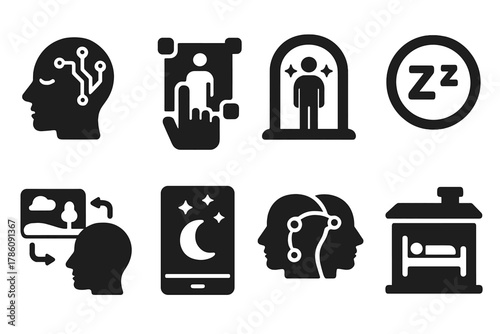 Dream Engineering Icons. Solid style icons of dream engineering academies: sleeping head with circuit glyph, lucid interface icon,