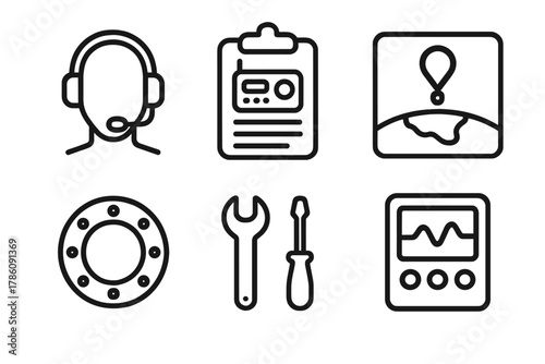 High-Altitude Balloon Icons. Line style icons of High-Altitude Ballooning: mission controller headset, radio log icon, visual