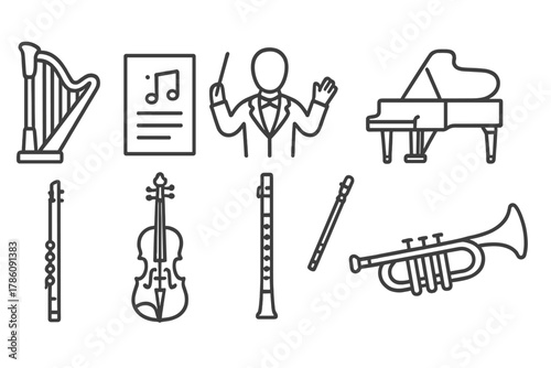 Classical Music Icons. Line style icons of Classical Music: Harp, Sheet Music, Conductor, Grand Piano, Violin, Cello, Flute,