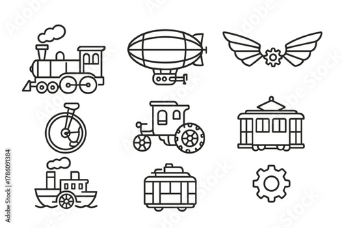 Steampunk Transport Icons. Line style icons of Steampunk Transport: Steam Locomotive, Airship, Monocycle, Gearwork Carriage,