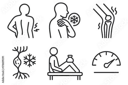 Cryotherapy Line Icons. Line style icons of cryotherapy for chronic pain: back pain relief, frozen shoulder icon, arthritis joint