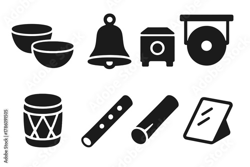 Acoustic Resonance Icons. Solid style icons of acoustic resonance materials: clay bowls, bronze bells, wood chambers. Stone gongs,