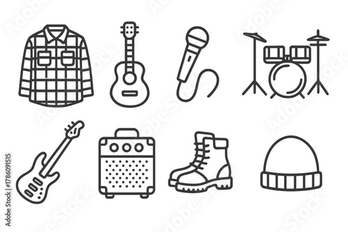 Grunge Music Icons. Line style icons of Grunge Music: Flannel Shirt, Guitar, Microphone, Drum Set, Bass Guitar, Amplifier, Boots,