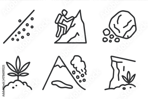 Extreme Mountain Line Icons. Line style icons of Extreme Scree: Steep Slope, Loose Rock, Mountain Climber, Boulder, Avalanche Risk