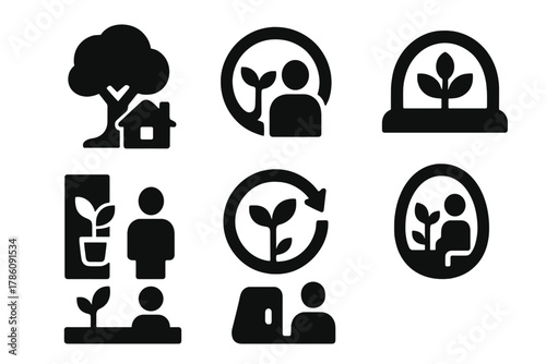Symbiotic Living Symbols. Solid style icons of symbiotic living spaces: shared tree-home icon, plant-human cohabitation ring,