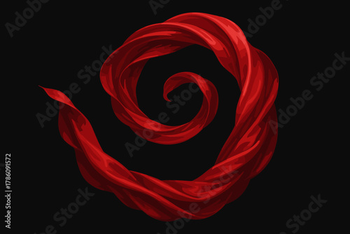 Elegant Red Silk Swirl. Artistic swirl of flowing red silk fabric against a black background, dynamic and elegant composition,