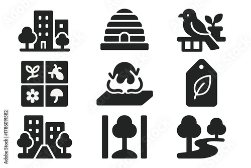 Urban Ecosystem Icons. Solid style icons of urban ecosystems: city block with trees icon, rooftop hive dome, bird habitat balcony.