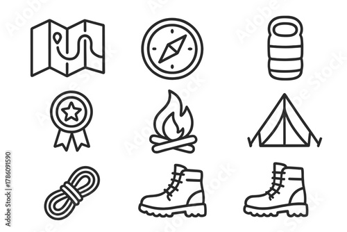 Scout Camp Essentials Icons. Line style icons of Scout Camp: Map, Compass, Sleeping Bag, Merit Badge, Campfire, Tent, Rope, Hiking